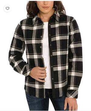 Orvis Plaid Fleece Lined Shirt Jacket Women's S Black Gray Snap Front Shacket
